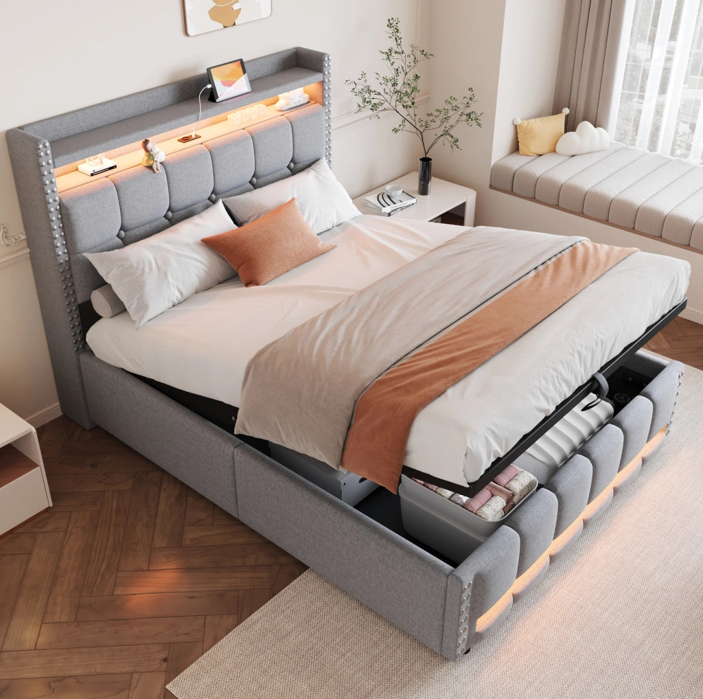 Letto imbottito 140x200 cm con contenitore idraulico; LED; USB e ripiani; lino grigio chiaro