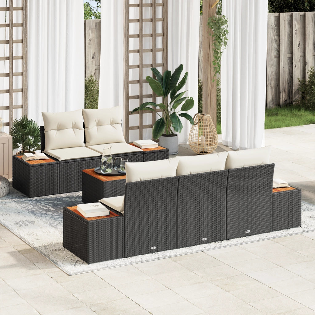 Set di Divani da Giardino a 6 Pezzi con Cuscini Nero Polyrattan Acacia