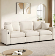 Divano 3 posti 242x80x88 cm con tavolino ribaltabile; USB; porta bicchieri e spazio contenitore in chenille beige