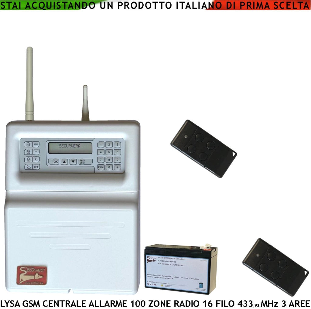 Centrale Allarme 100 Zone Radio 16 Filo Lysa GSM Radio 3 Aree 2 Radiocomandi Bidirezionali 4 Canali Memoria Eventi Batteria 12 V 7 Ah App Sydra Android Codici Utente e Tecnico Ascolto Ambientale