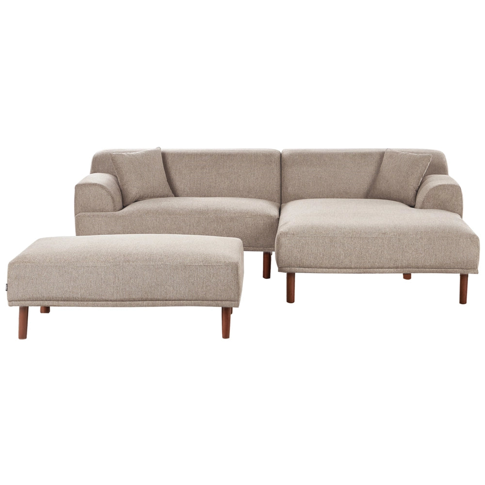Divano ad angolo sinistro in tessuto tortora lato sinistro con pouf stile minimalista