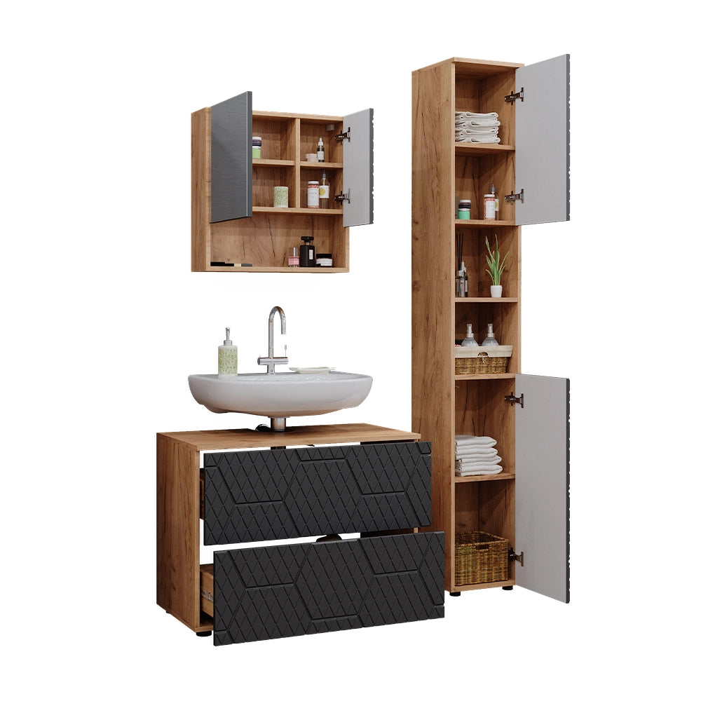 Vicco Set mobili bagno Antracite con struttura a nido d'ape 3 pezzi, con cassettiera e colonna