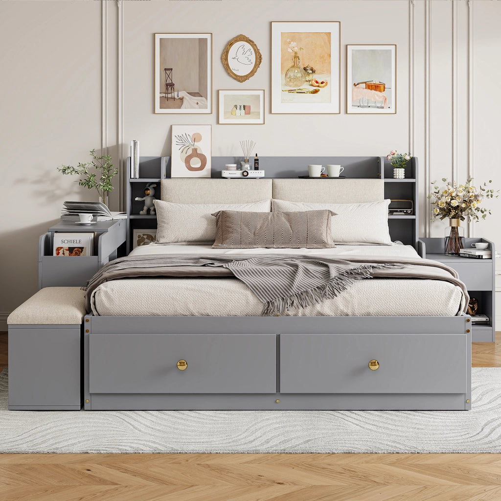 Letto combinato con contenitore in legno grigio 140x200 cm