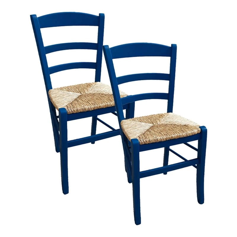 SET 2 SEDIE PAESANA IN LEGNO CON SEDUTA IN PAGLIA E SCHIENALE ALTO 42X40X87H CM COLORE BLU