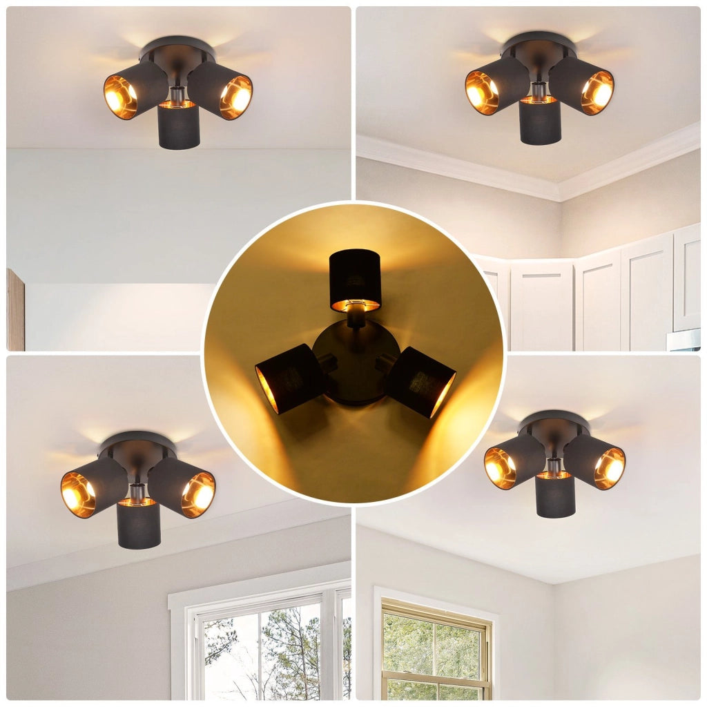 ZMH Faretto da soffitto neri retrò 3 luci E14 rotanti 350° paralume tessuto max 25W senza lampadina