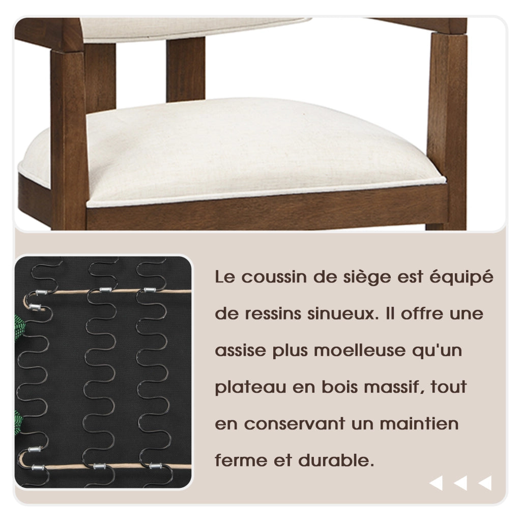 Set di 2 sedie da pranzo con braccioli in legno massiccio e lino color noce