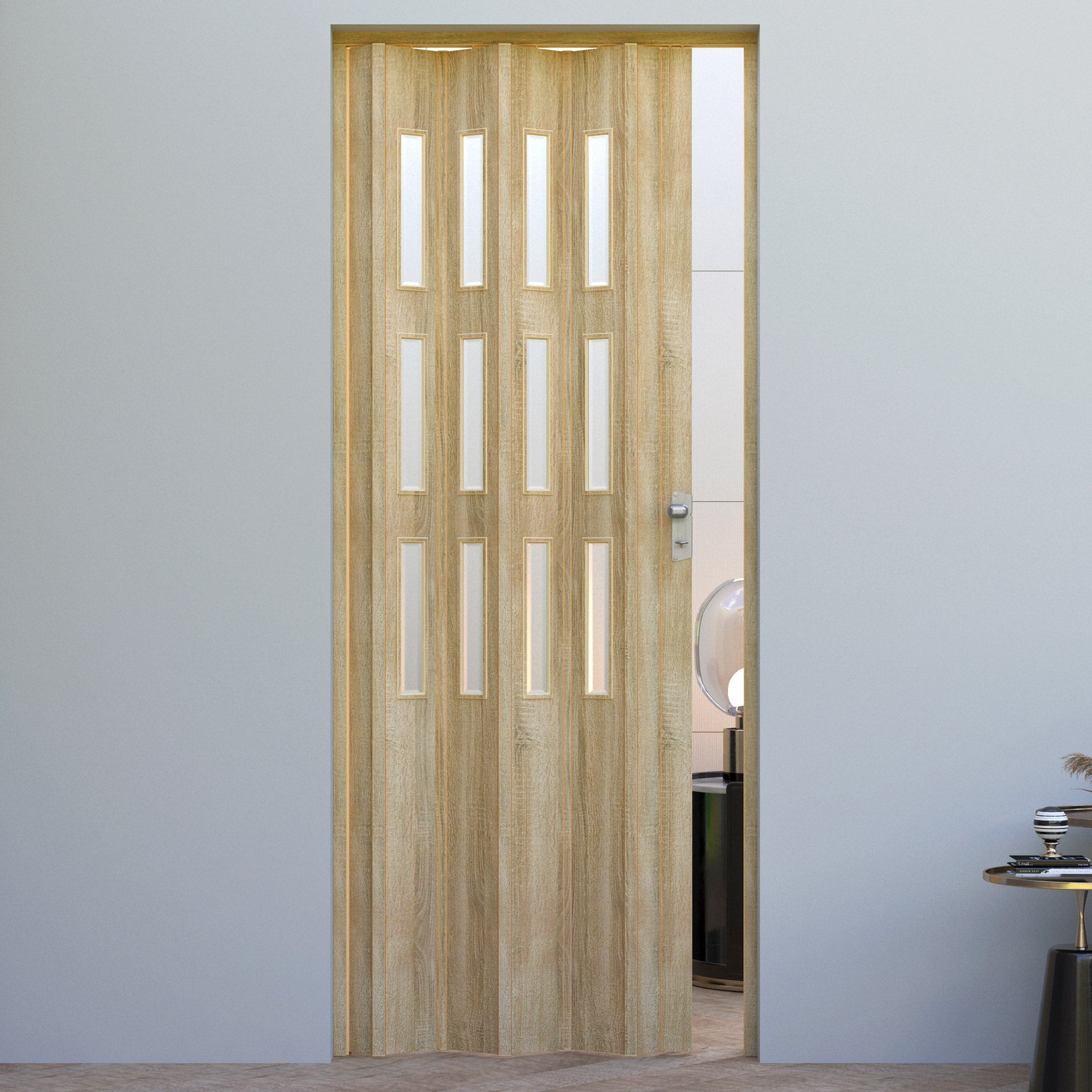 Porta a Soffietto da Interno 88,5x214 cm in PVC con Vetro Florance Rovere Cognac Chiaro