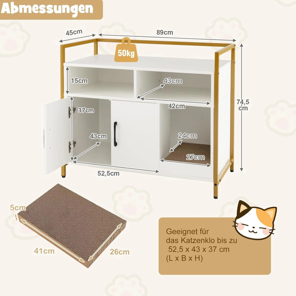 Mobile Lettiera per Gatti con 3 Ripiani Aperti e 2 Ante, Armadietto per Gatto in Legno, Grotta Rifugio con Grattatoio in Cartone Multiuso per Ingresso e Soggiorno (Bianco, 89 x 45 x 74,5 cm)