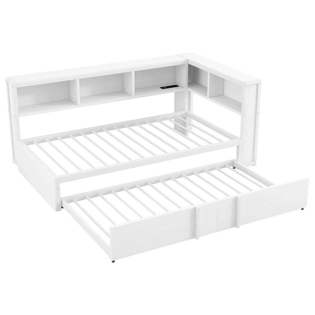 Divano letto in metallo e MDF 90x200 cm con letto estraibile, LED, USB e vani contenitore, bianco