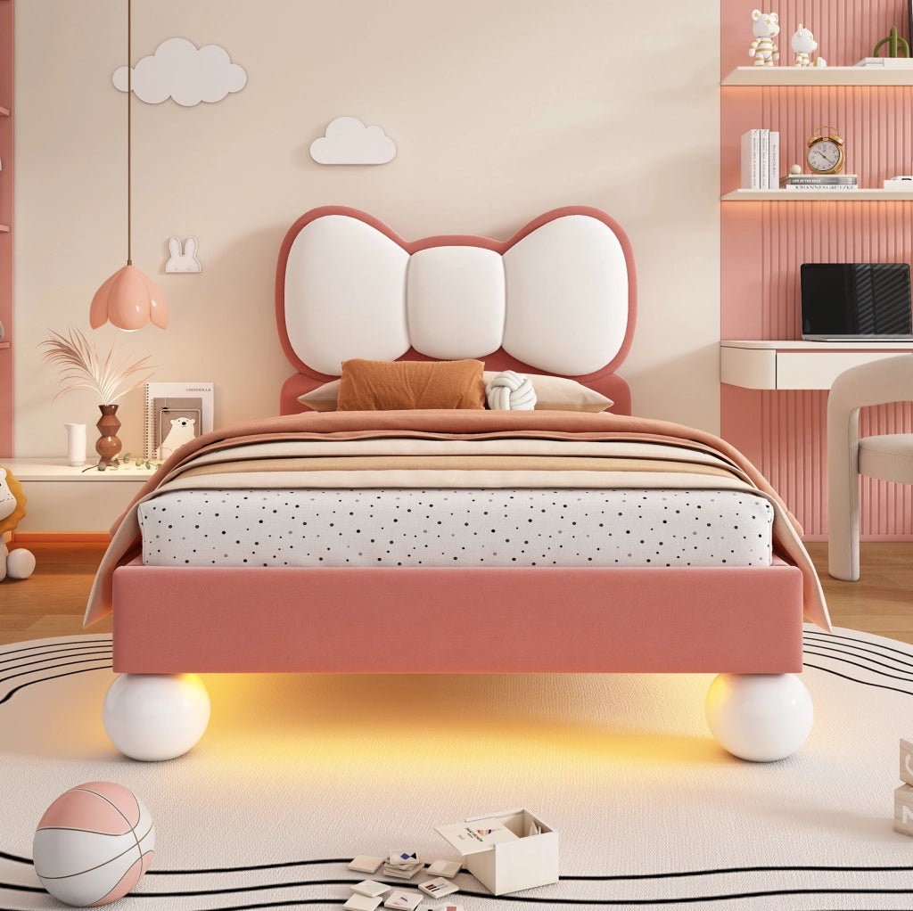 Letto imbottito per bambini con testiera a fiocco e luce LED, 90x200 cm