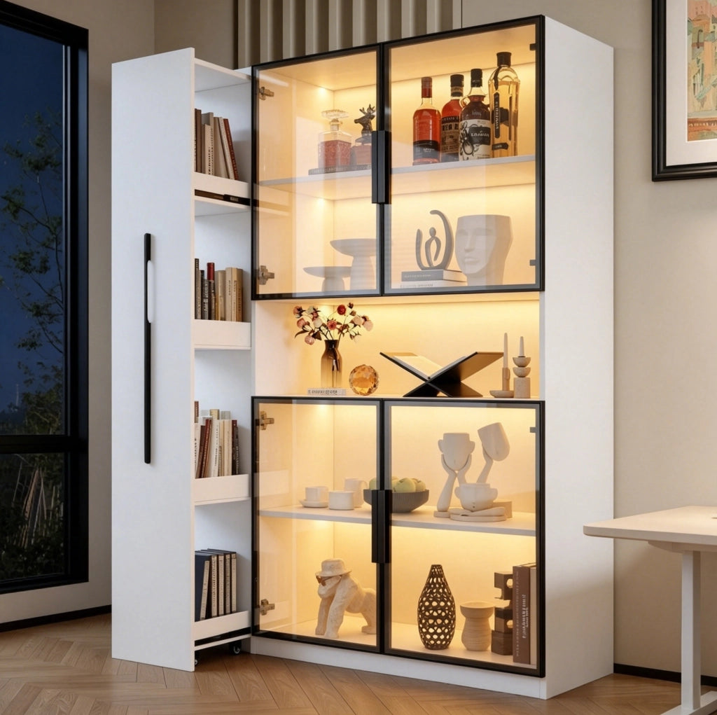 Vetrina moderna 110x35x160 cm bianca in MDF con LED a colori; ripiani estraibili e anta in vetro