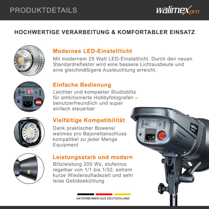 Emerger 200 flash fotografico con potenza di 200 Ws, radio a 2,4 GHz, tempo di ricarica breve, luce LED dimmerabile per studio foto