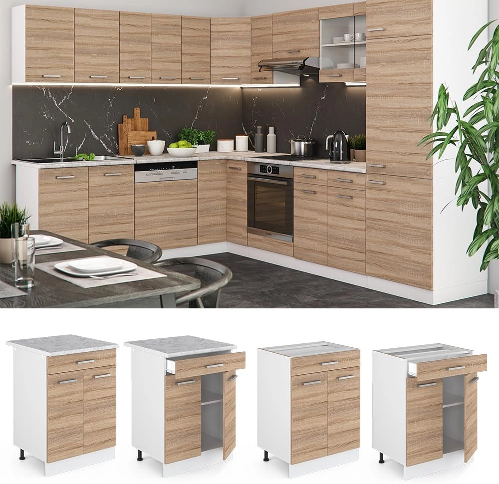 Mobiletto base per cucina R-Line, Sonoma, 60 cm con cassetto, senza piano di lavoro, per la libera combinazione all'interno di sistemi cucina modulari