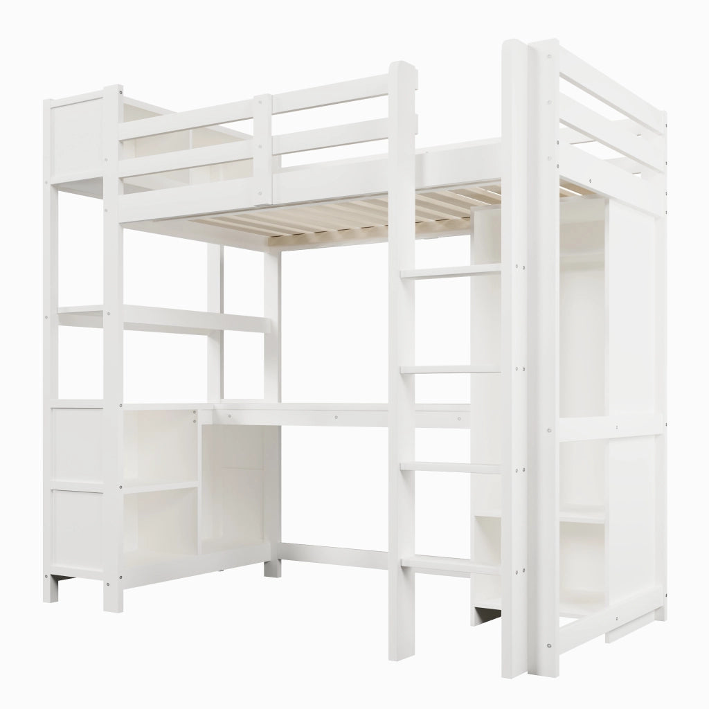 Letto a soppalco 90x200 cm con scrivania; armadio e scaffali; bianco