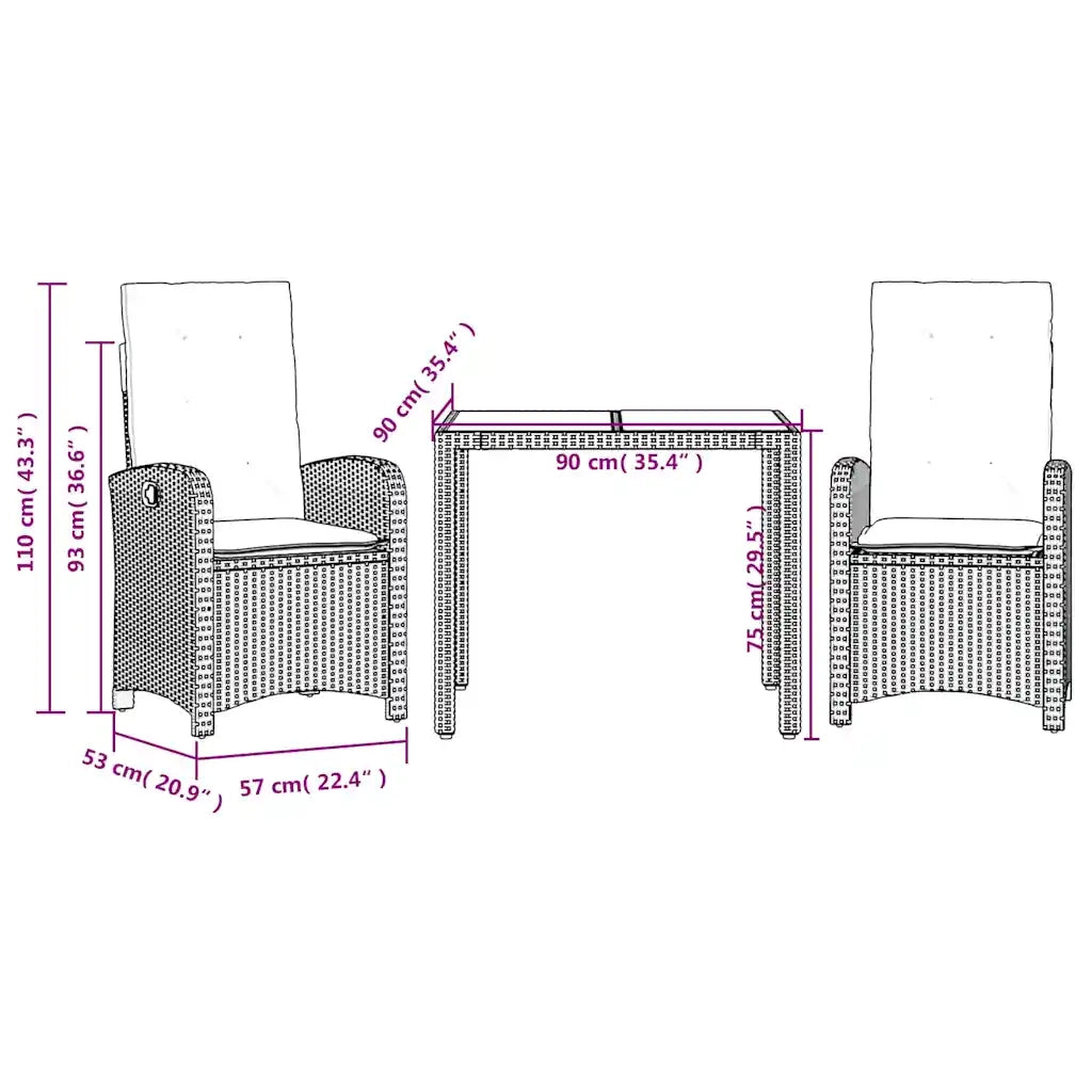 Set da Pranzo da Giardino 3 pz | Set Salotto da Giardino con Cuscini Nero in Polyrattan