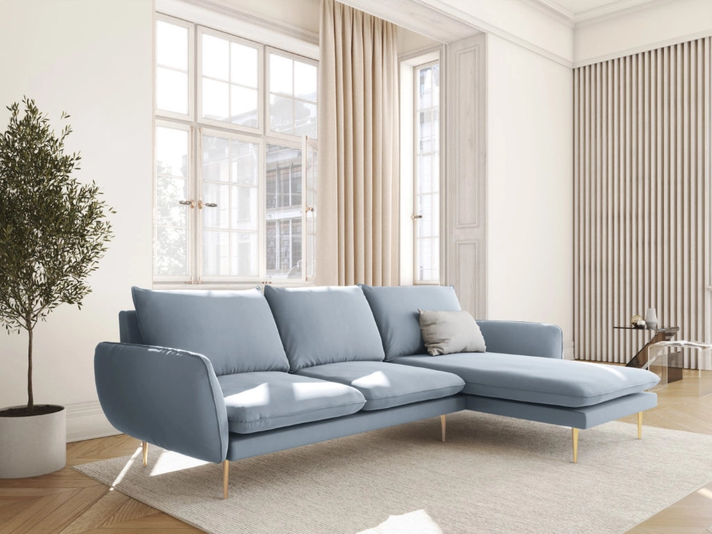 Cosmopolitan Design - Divano angolare destro "Vienna" 5 posti in velluto azzurro 