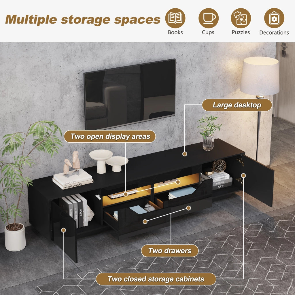 Mobile porta TV con LED, 2 cassetti, 2 vani aperti e 2 ante, finitura lucida, per soggiorno, nero, 180 × 40 × 45 cm