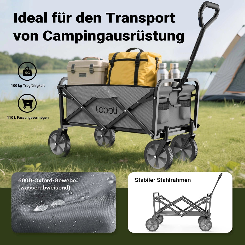 Toboli Carretto a mano pieghevole, max 100 kg, tessuto impermeabile grigio, Carrello spiaggia