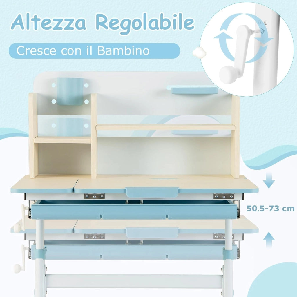 Scrivania per Bambini 3+ Anni Regolabile in Altezza 50-73 cm, Blu | Scrivania da Studio con Piano Inclinabile 60°, Scrittoio Cameretta con Scaffale, Cassetto, Portapenne e Righello