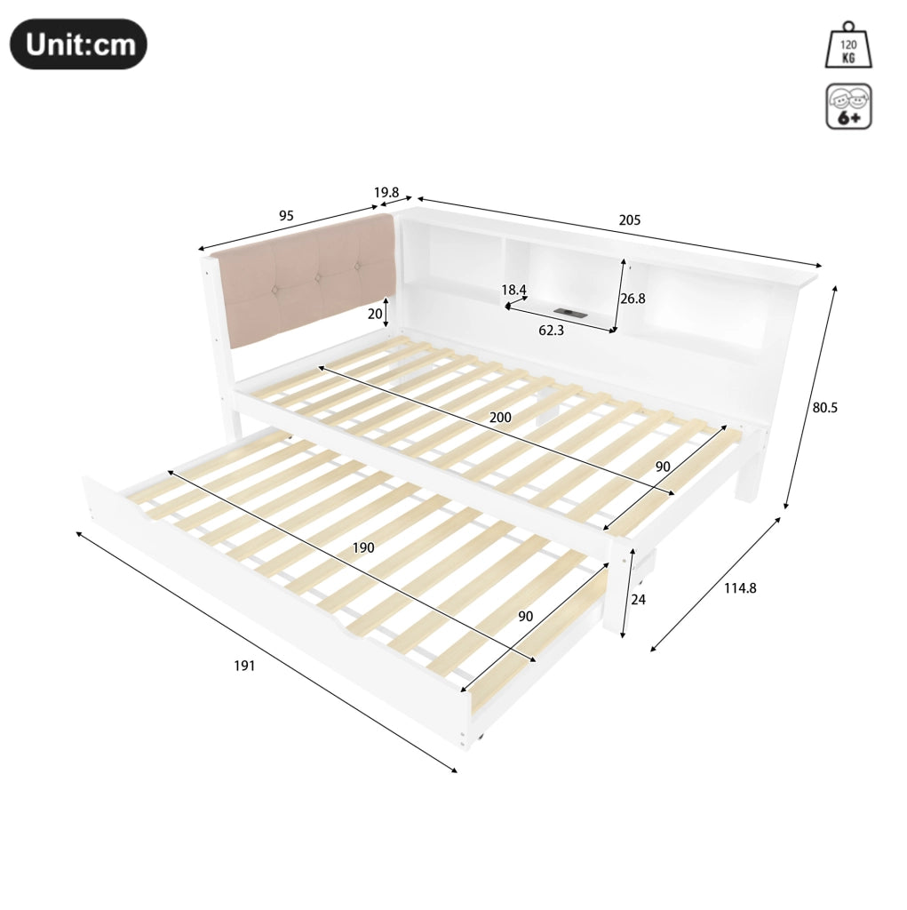 Letto 90x200 cm con letto estraibile; LED e USB in legno bianco