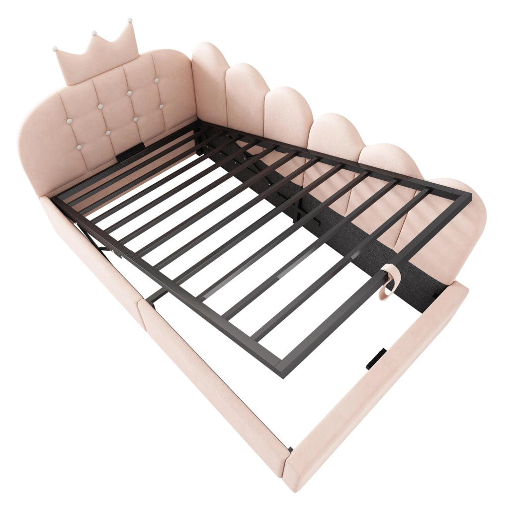 Letto da giorno 90x200 cm con contenitore idraulico; velluto rosa