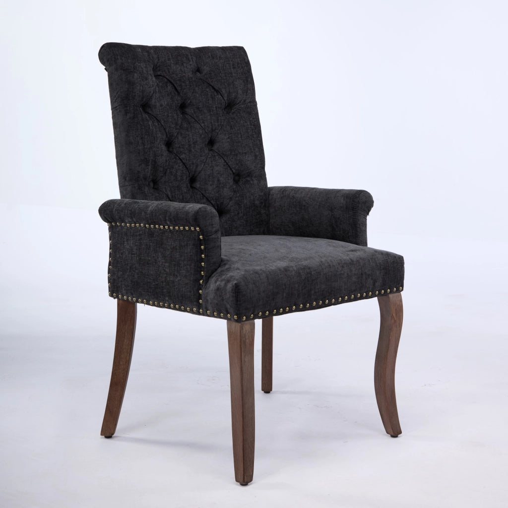Sedia da pranzo, venduta singolarmente, tessuto chenille, gambe in legno massello, con braccioli, nero