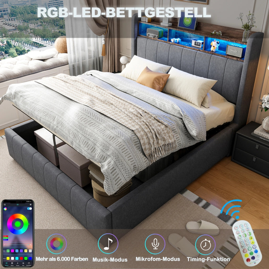 Letto imbottito grigio 160 x 200 cm con LED, ricarica e vano contenitore