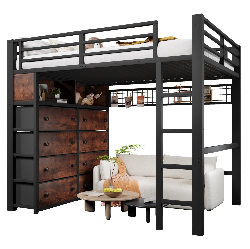 Letto a soppalco 140x200 cm con 8 cassetti; illuminazione LED; metallo e MDF; nero