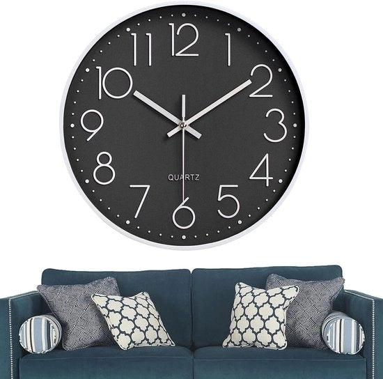 Orologio da parete rotondo 30cm senza ticchettio - moderno quarzo, silenzioso, grande, per bambini - orologio meccanico (nero/bianco)