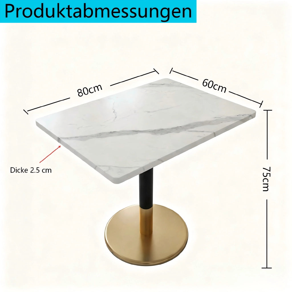 Tavolo da pranzo per 2 persone con piano effetto marmo, base in metallo nero e oro, per cucina, 80 × 60 cm