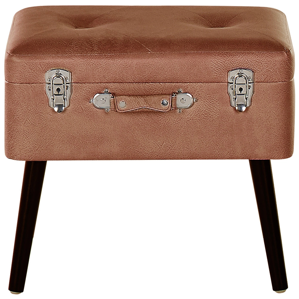 Comodino Sgabello Contenitore gambe nere imbottite in ecopelle marrone design a valigia con bottoni