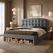 Letto singolo imbottito 90x200 cm in velluto grigio con testiera regolabile e cassetti