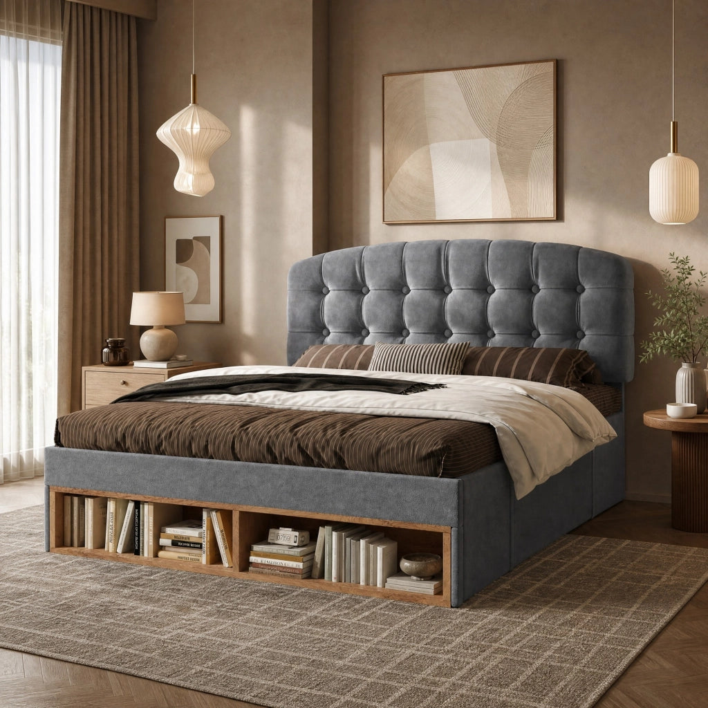 Letto singolo imbottito 90x200 cm in velluto grigio con testiera regolabile e cassetti