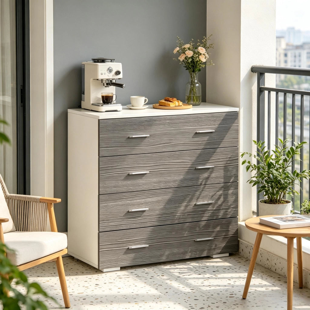 Cassettiera con 4 cassetti in truciolare e metallo per camera da letto, soggiorno e ufficio, grigio bianco 76 × 35 × 72 cm