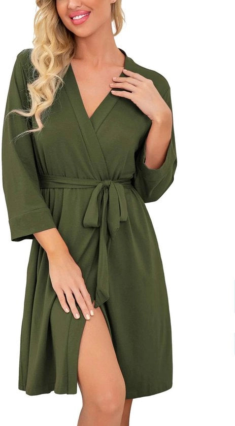 Vestito da camera per donne con collo V e maniche 3/4, kimono da notte con decorazioni, saunabagno corto (verde oliva, S)