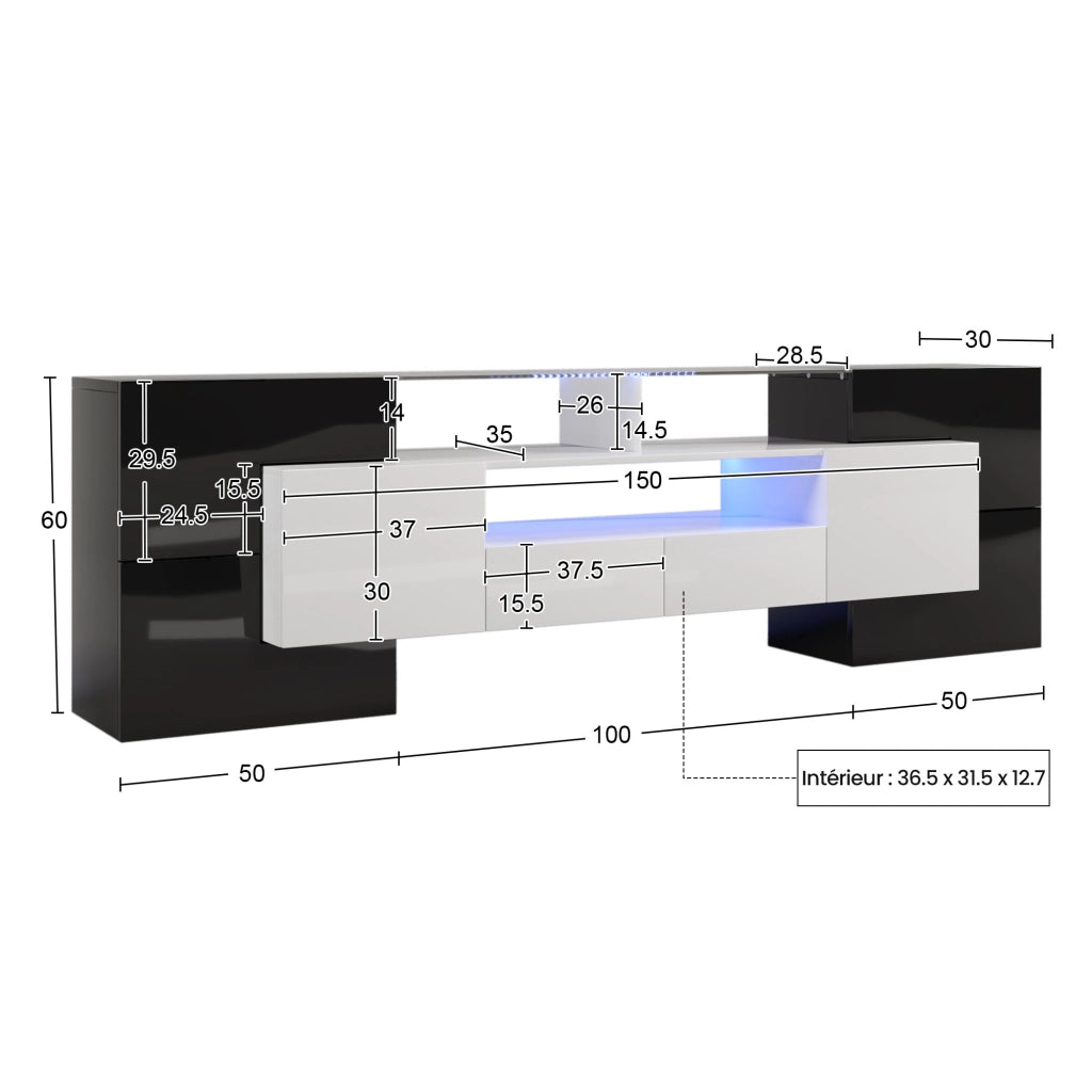 OKWISH Mobile TV con 4 Ante, 2 Cassetti e 3 Vani, LED, Finitura Lucida, per Soggiorno, MDF, 200 x 35 x 60 cm