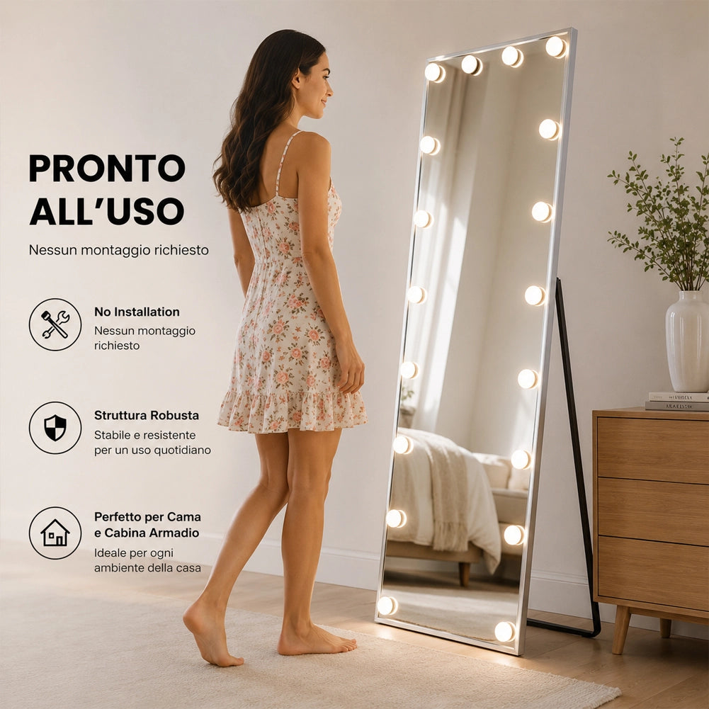 Specchio XXL Hollywood Figura Intera Indipendente con Led 3 Colori 60x160 cm