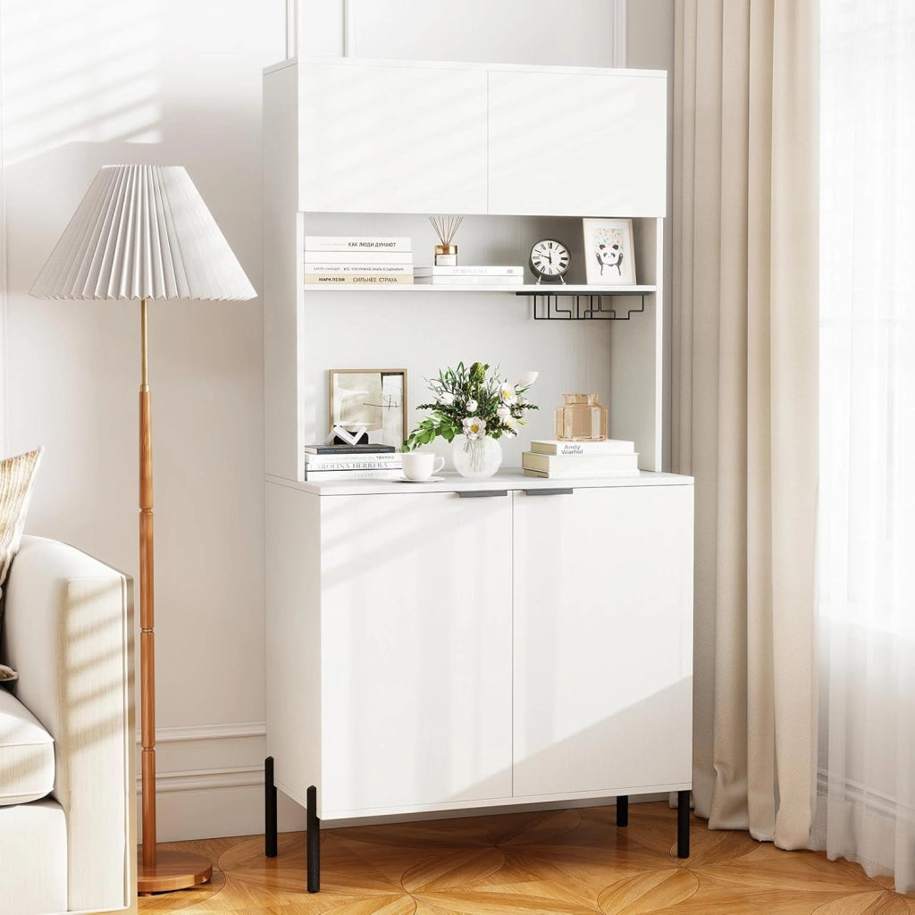 Mobile Buffet con Stazione di Ricarica, Portabicchieri, Vetrina, Credenza Cucina con Ripiani Regolabili, Mobiletto Multiuso per Sala da Pranzo, Soggiorno, 80x40x164cm(In 2 Pacchi) (Bianco)