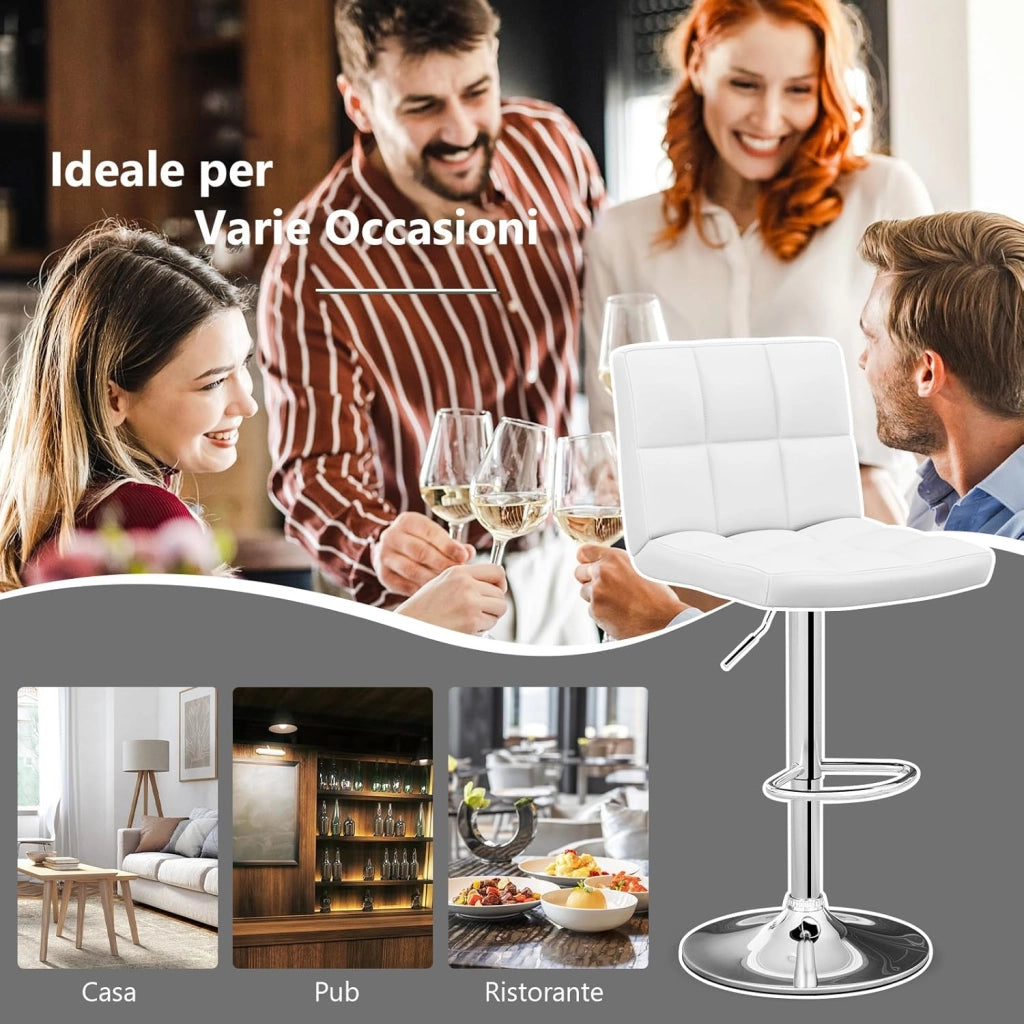 Set Sedie da Bar in Ecopelle con Altezza Regolabile, Seduta Girevole a 360°, Poggiapiedi e Base Metallica Antiscivolo, Sgabelli da Pranzo per Isola Cucina Bar, Portata 150 kg(Bianco,2)