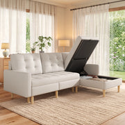 Divano angolare con chaise longue reversibile e doppio spazio contenitore per soggiorno moderno in tessuto beige