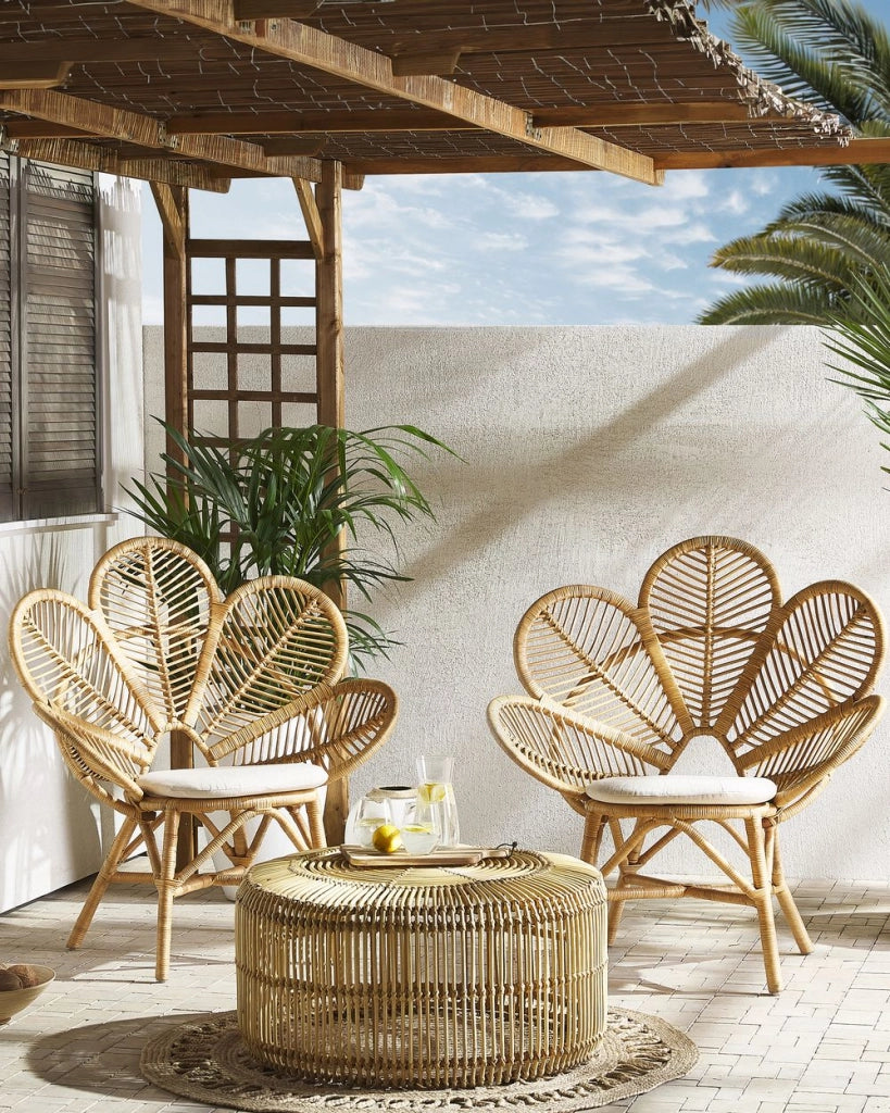 Set di 2 sedie pavone cuscino in cotone rattan beige giardino all'aperto per interni boho