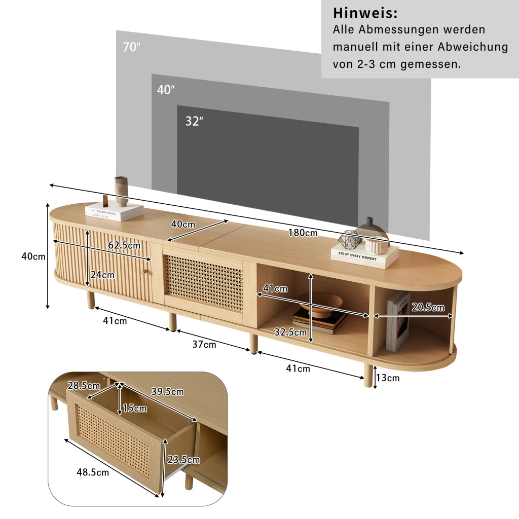 Mobile porta TV con 1 cassetto e 2 ante scorrevoli, per soggiorno e sala da pranzo, in MDF, legno chiaro, 180 × 40 × 40 cm