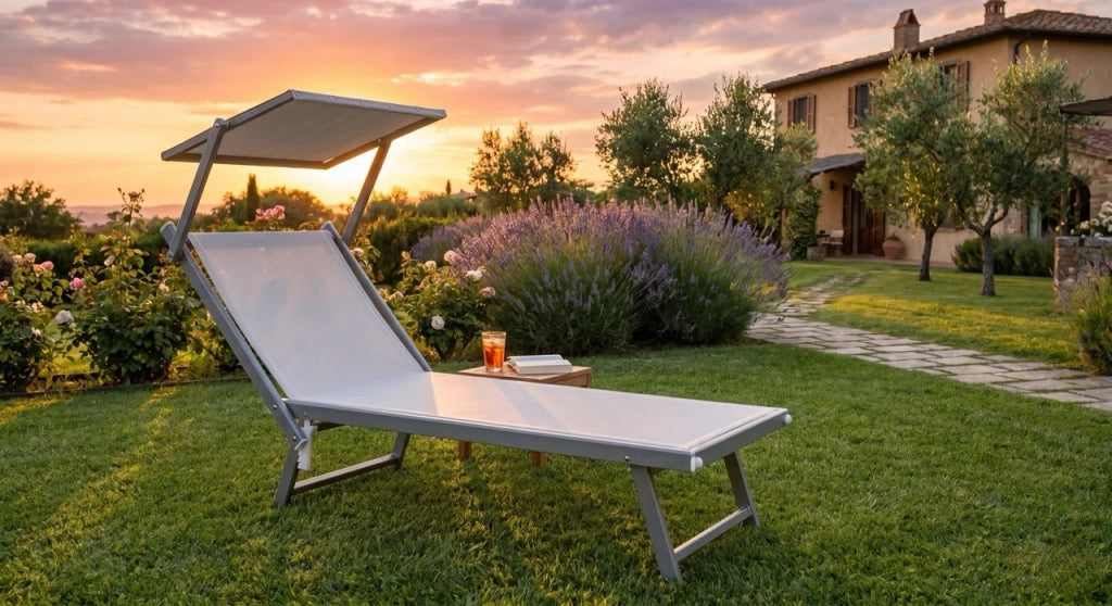Lettino Prendisole Pieghevole crema Sdraio Alluminio con Parasole Regolabile Mare Giardino Piscina Tessuto Traspirante