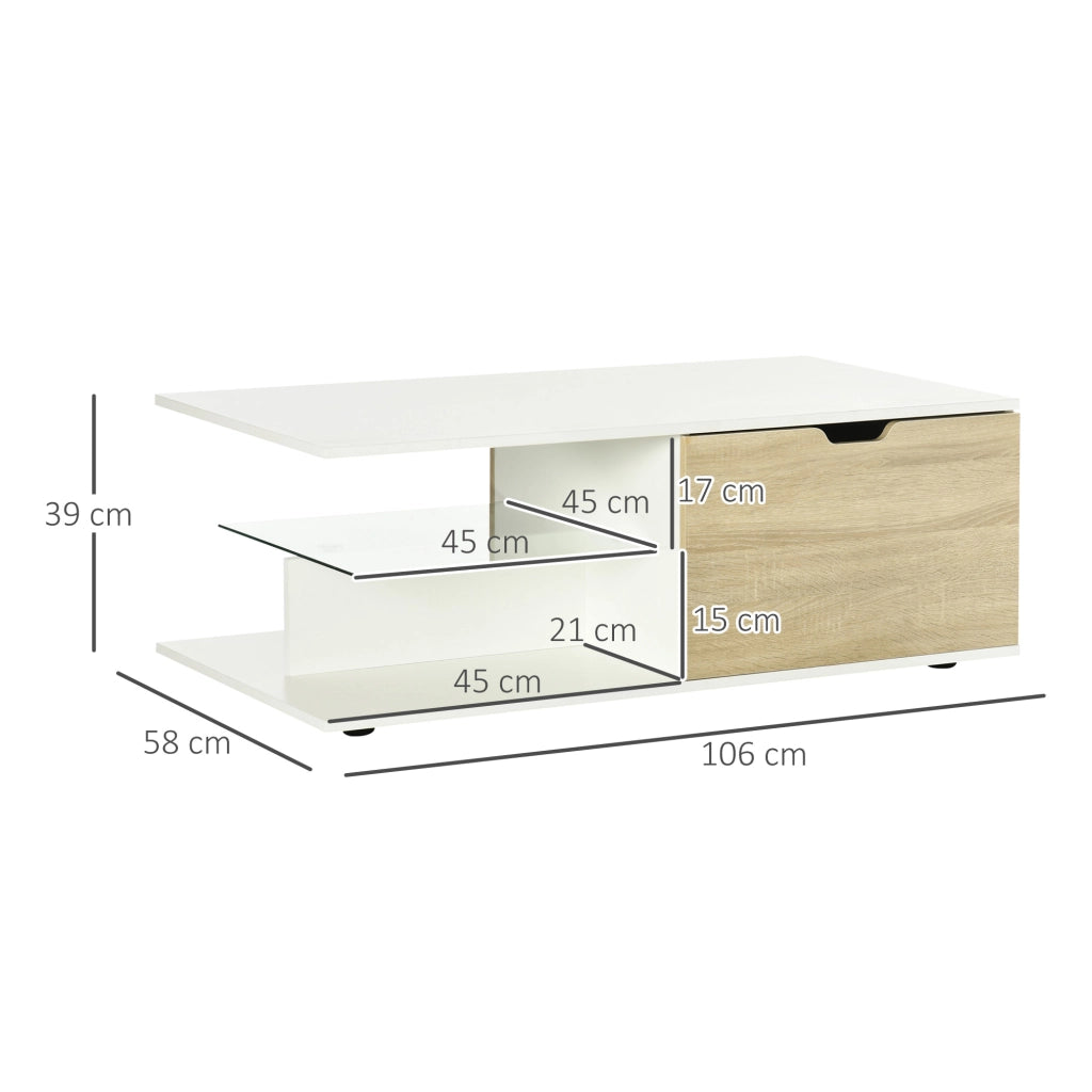 Tavolino rettangolare design contemporaneo con vetro temperato ¨C Minimal ¨C effetto quercia chiaro, bianco