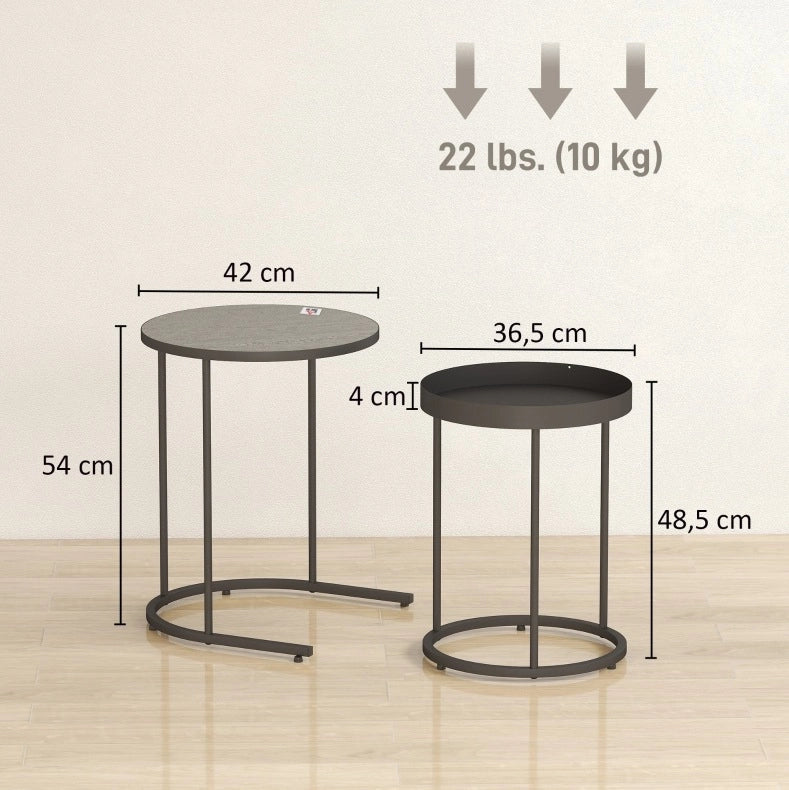 Set 2 tavolini rotondi ULEVR sovrapponibili con vassoio, MDF e metallo nero, grigio