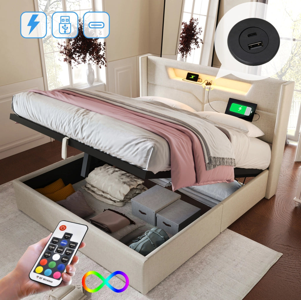 Letto matrimoniale 160x200 con LED, USB-C e contenitore