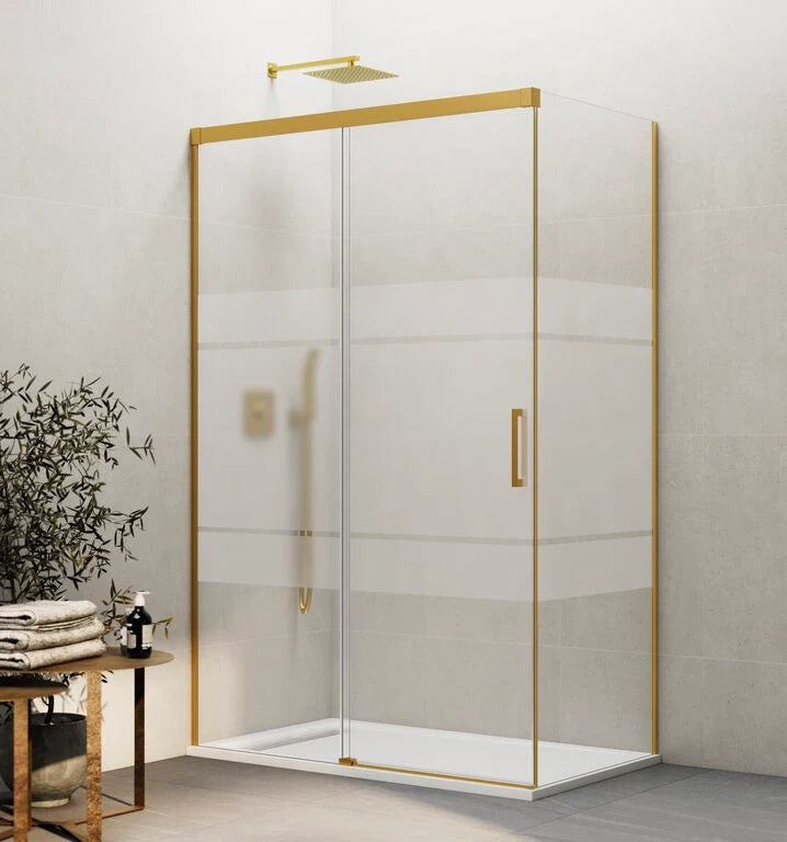 Box doccia angolare BASIC fisso + scorrevole + laterale fisso 100x80 cm (95-100/76,5-79) oro lucido vetro Frost