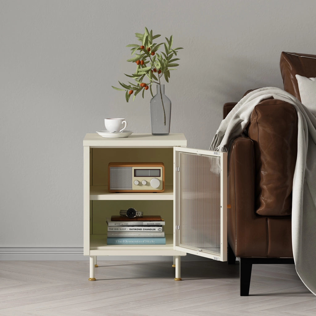 Armadietto in Acciaio Lindau con Anta in Vetro Scalanato 56x40x40 cm Bianco Crema [en.casa]