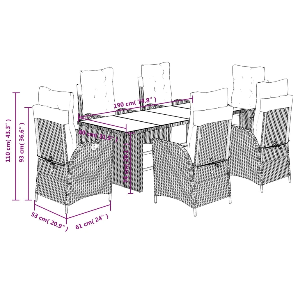 Set da Pranzo da Giardino 7 pz Nero con Cuscini in Polyrattan 3213350