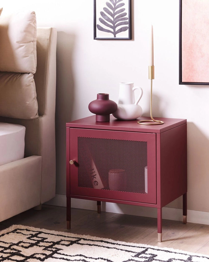 Comodino metallo rosso scuro 45 x 35 cm ante a rete camera da letto moderna industriale